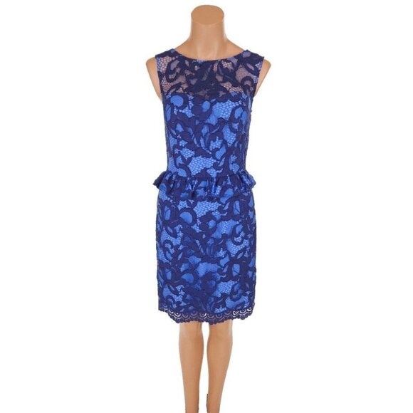 LILLY PULITZER Kiri Dress Blue Lace Peplum Lined Open Back Size 0 - Picture 2 of 12